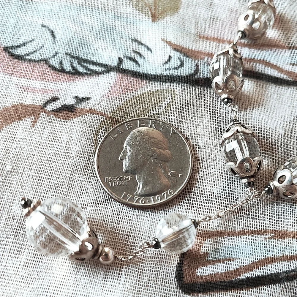 Vintage Rosary Clear Oval Faceted Glass Threaded Chain Silver Tone Necklace